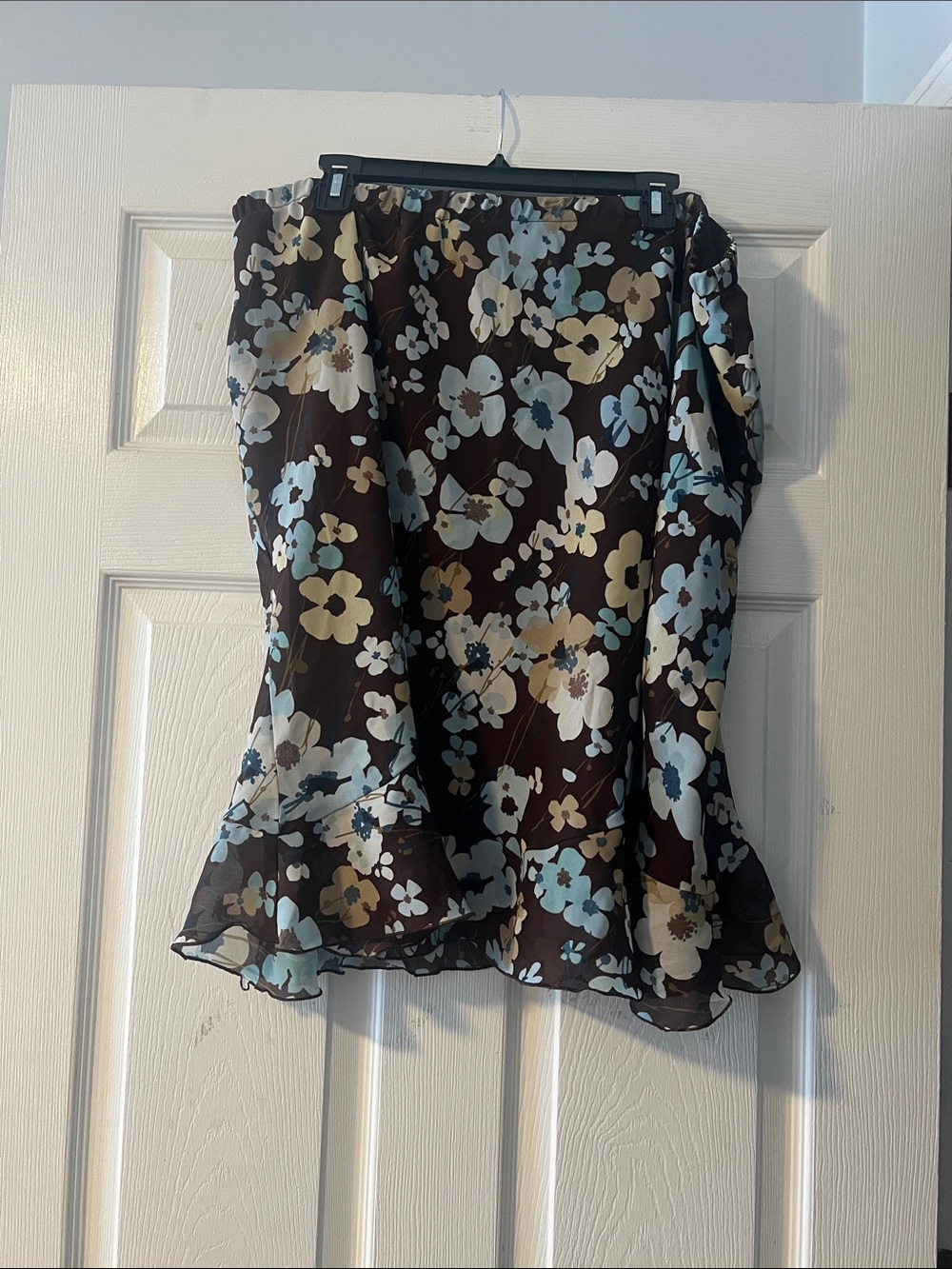 Fashion Bug Brown Floral A-Line Skirt with Blue & Cream Blooms